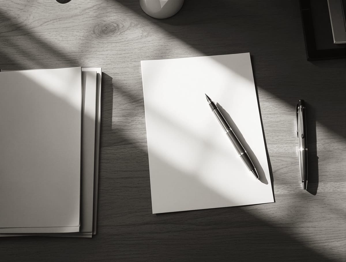 uncluttered desk from above, morning light