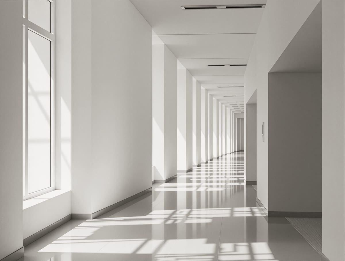 calm corridor, strong natural light, no signage