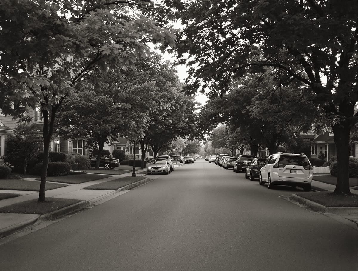 a residential street at evening, wide, elevated, warm windows